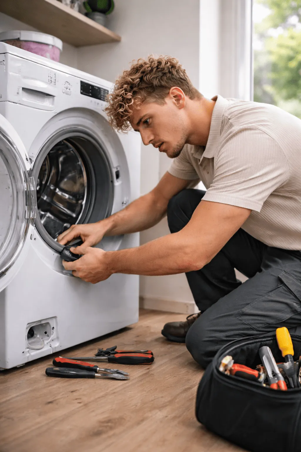 Monteur repareert de deurrubber van een wasmachine met professioneel gereedschap